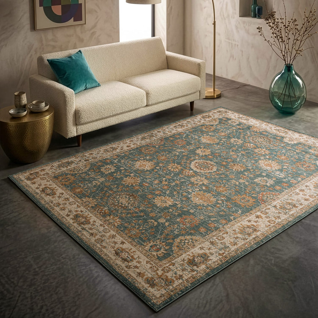 The Rug Edit Raja Border Runner RA02 - Teal/Cream